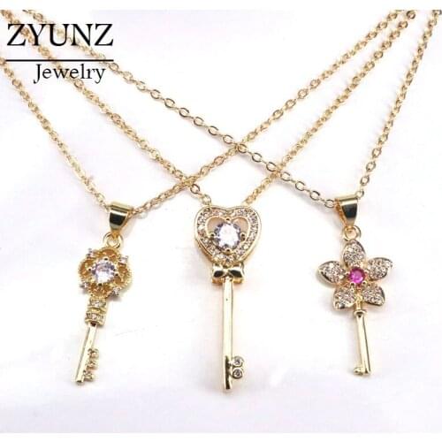 10PCS, Key Shaped Fashion Jewelry Pendant Necklace Classic Micro Pave CZ Zirconia Womens Gold Color For Wedding Party Gifts
