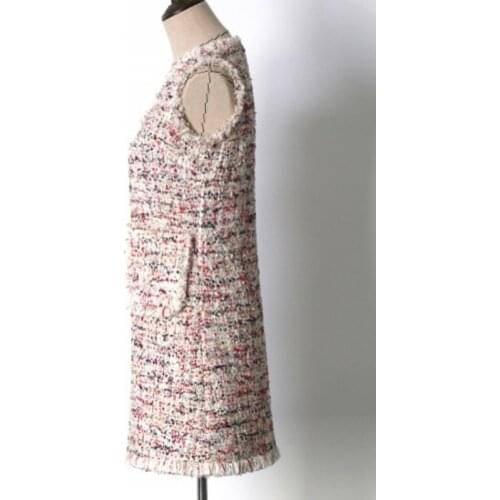 Spring Autumn New Women Tweed Tassel V-Neck Dresses Slim Fit Plaid High Quality Celebrate Party Dress Sleeveless A-Line Dress