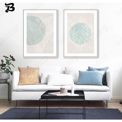 Simple Abstract Canvas Painting Nordic Minimalist Posters Plant Leaf Line Wall Art Waterblue Pictures for Living Room Home Decor