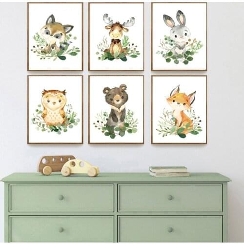 Cartoon Fox Bear Owl Rabbit Raccoon Deer Wall Art Canvas Painting Nordic Posters And Prints Wall Pictures Baby Kids Room Decor