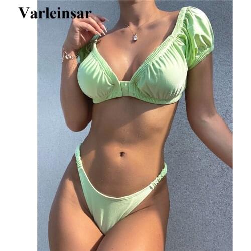 Sexy Puff Sleeve Frilled Thong Bikini Women Swimwear Female Swimsuit Two-pieces Bikini set Padded Bather Bathing Suit Swim V3154