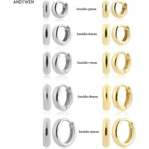 ANDYWEN 925 Sterling Silver Gold Thick 5mm to 9 mm Circle Huggies Piercing Clip Circle Pendientes Hoop Earring 2021 Wedding Gift