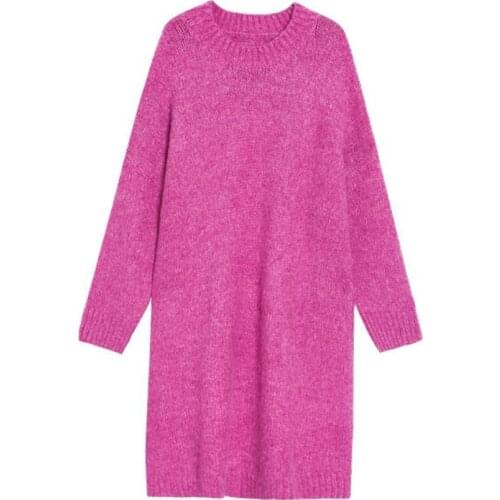 PERHAPS U Knitted Fuchsia Orange Blue Gray Crew Neck Midi Sweater Dress Autumn Winter Colorful Rainbow Stragiht Loose D1374