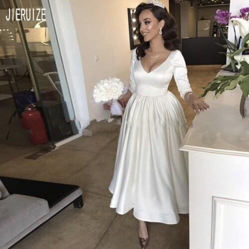 JIERUIZE Vintage Sexy Short Wedding Dresses 3/4 Sleeves Deep V Neck A-line Backless Bridal Gowns Ankle-Length vestido de noiva