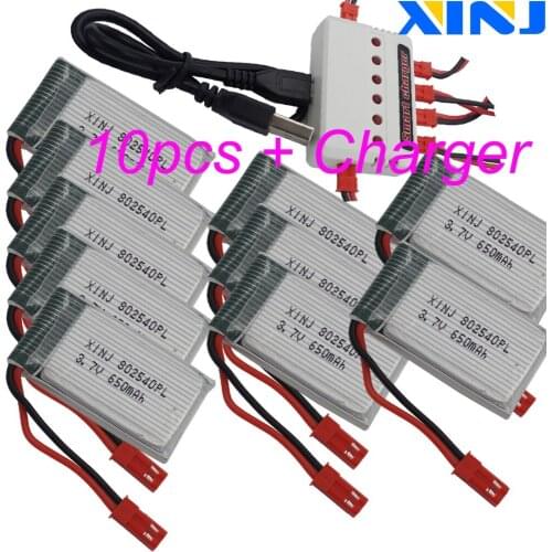XINJ Charger+10pcs 3.7V 650mAh 25C lithium polymer battery lipo cell for Syma X5c Cheerson CX-30W RC Quadcopter Drone 802540