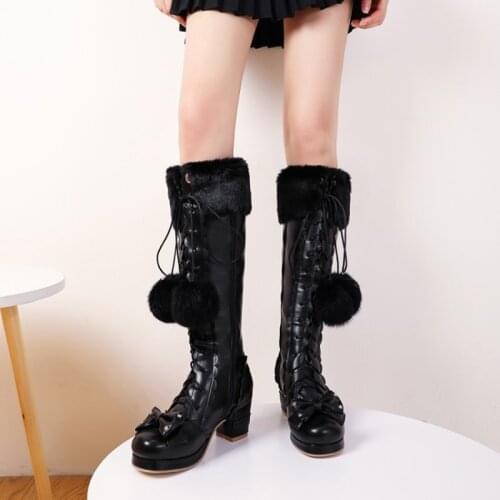 Japanese autumn winter Lolita loli boots plus cashmere keep warm sweet bow girls high-heeled girls kawaii snow boots loli