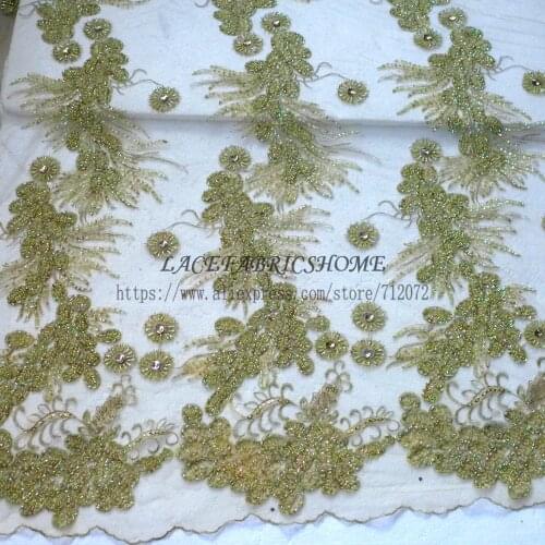 Green gold/Black/off white/silve heavy beading evening dress lace fabric