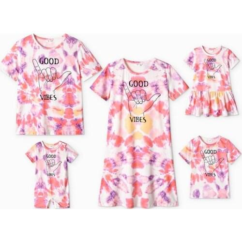 New Summer Family Matching Outfits T-shirt Clothes Tie Dye Dress For Mom And Daughter Pink Good Father Son Short Sleeve Tshirt