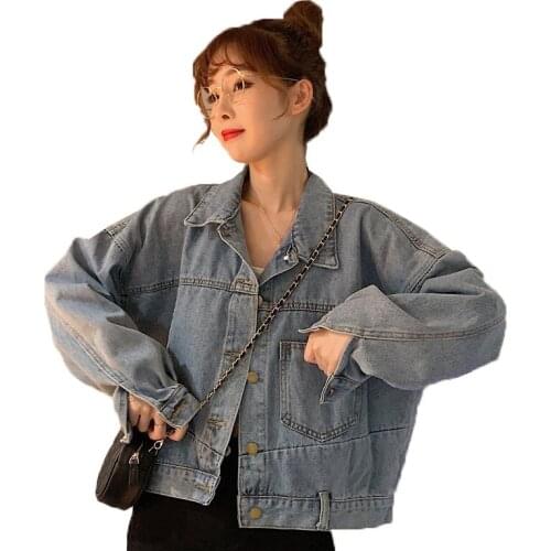 Women Jacket 2020 Spring Autumn Oversize Denim Jackets Outerwear Washed Blue Jeans Coat Turn-down Collar Outwear Bomber Jacket