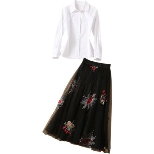 Women Clothing 2Pcs Set Ladies Autumn Outfits White Shirt + High Waisted Knee Length Embroidered Black Mesh Skirt