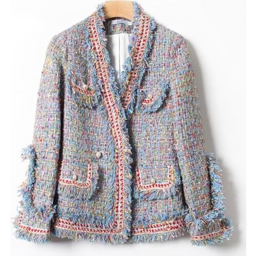 Womens Tweed jacket Oversized Collarless Blue clothes for women Long-Sleeved lace short coat for Autumn Winter