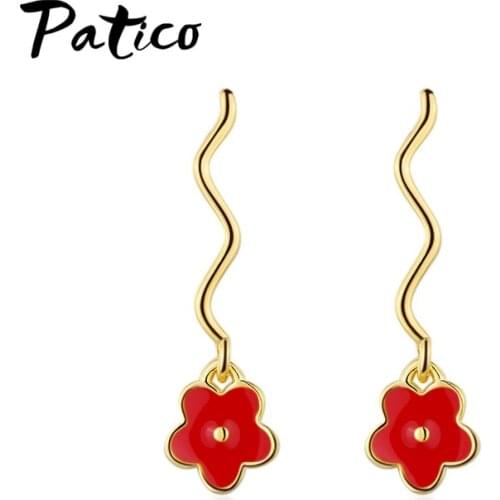 Sun Flower Shape Women Metal Gold Color Piercing Long Design Drop Earrings Cute Sweet Jewelry Red Yellow Wave Bijoux