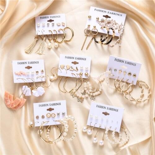 2021 Fashion Pearl Drop Earrings for Women Bohemian Style Cross Butterfly Tassel Geometric Dangle Earring Set