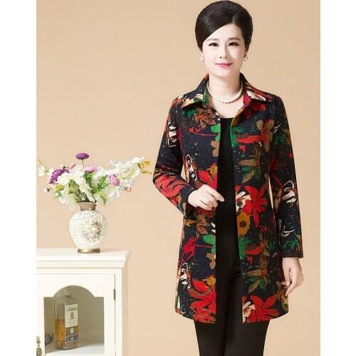 Women 2021 Spring Autumn Fashion Middle-aged Long Coats Female Large Size Loose Jackets Ladies Pockets Printed Outerwear W256