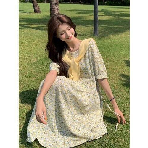 Blue Chiffon Floral Dresses For Women 2021 Summer Fresh Mori Series Sweet French Long Dress Japanese Korean Casual Loose Yellow