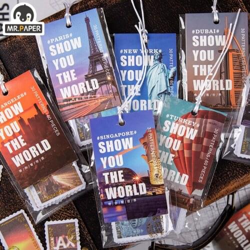 Mr.paper 8 Designs 60 Pcs/bag Vintage Retro Style Take You To The World Series Bronzing Stamp Hand Account Decor DIY Material