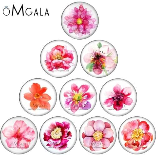 Watercolor Red Flowers Art Paintings 10pcs 10mm/12mm/16mm/18mm/25mm Round photo glass cabochon demo flat back Making findings