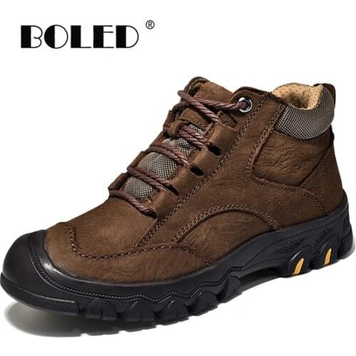 Natural Cow Leather Autumn Winter Shoes Lace-Up Snow Boots Handmade Retro Men Boots Anti Skidding Outdoor Shoes Men
