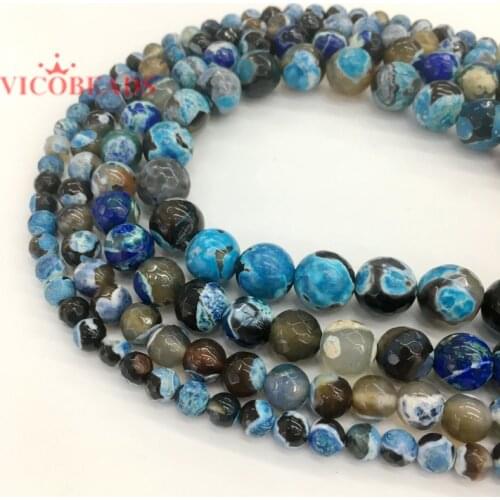 Natural stone Faceted Blue black Fire Agates Round Beads 15inch Pick Size 6 8 10 12 mm Beads For Jewelry Making
