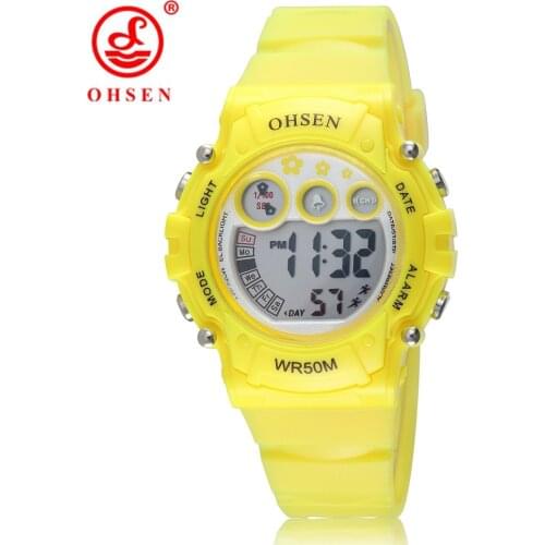 OHSEN Kids Sport Watches 50M Waterproof Yellow Silicone Electronic Wristwatch Stopwatch Children Digital Watch For Boys Girls