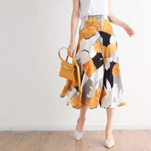 DUISNENA summer boho skirt high waist floral print women skirt chiffon OL single-breasted longuette