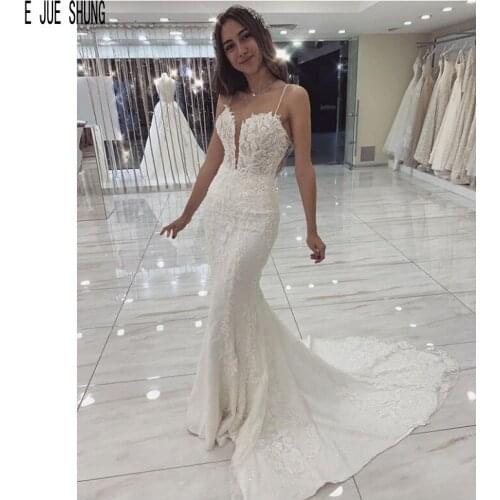 E JUE SHUNG Latest White Mermaid Wedding Dresses Spaghetti Strap Lace Appliques Backless Long Bridal Dresses robe de mariee
