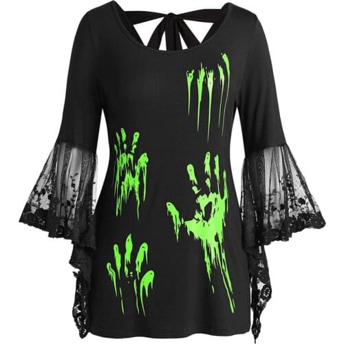 Blood Hands Printed Halloween T-Shirt Women Clothes Cosplay Costume Witch Lace Flared Sleeves Tops Plus Size 5xl Disfraz niña