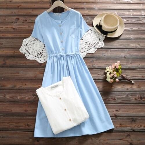 Summer Mori Girl Solid Women Cute Dress O Neck Cotton Linen Female Vestidos Short Sleeve White Blue Robe String Dress S-2XL
