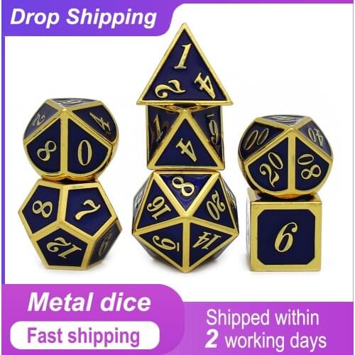 Metal Dice D4 D6 D8 D10 D% D12 D20 with Black Soft Drawstring Pouch for DnD RPG Board Games Gold & Royal blue 7 pcs dice set box