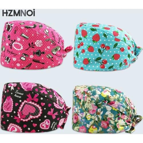 Fashion Cotton Cute Cartoon Print Nurse Cap Adjustable Scrub Hat Beauty Salon Nursing Cap Laboratory Pet Shop Fashion Scrub Cap