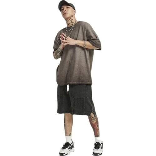 Mens 2021 Summer New Gradient Edging and Worn Short-sleeved Trendy High Street T-shirt Loose Round Neck Solid Color Top