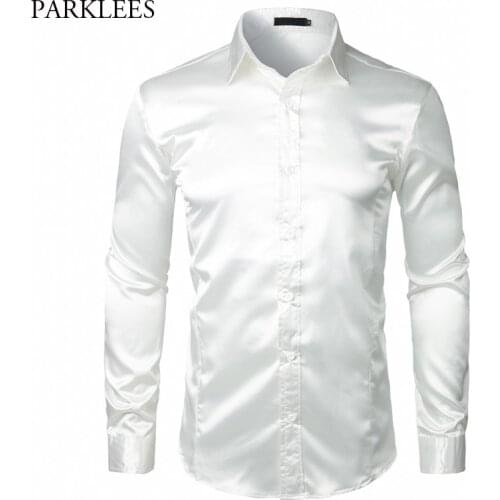 Mens Long Sleeve Silk Satin Dress Shirt 2018 Brand New White Wedding Tuxedo Shirt Men Slim Fit Business Social Shirts Chemise