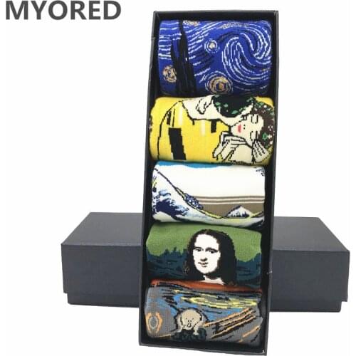 MYORED 5 pair/lot Mens Painting socks cotton Retro Oil Painting socks crew funny sock casual dress colorful wedding gift NO BOX