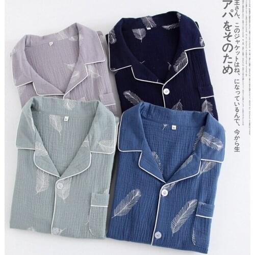 Spring and autumn new home service mens crepe cotton sleepwear gauze suit long-sleeved trousers nightwear mens pajamas