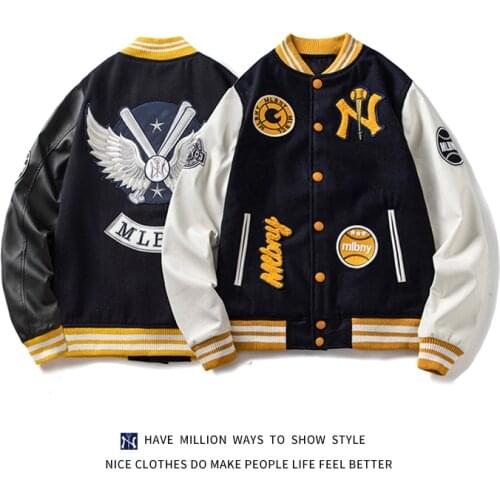 New Arrival Patchwork Woolen Pu leather Sleeve Emrbroid MLBNY Womens Streetwear Baseball Bomber Jacket Unisex Letterman Coat
