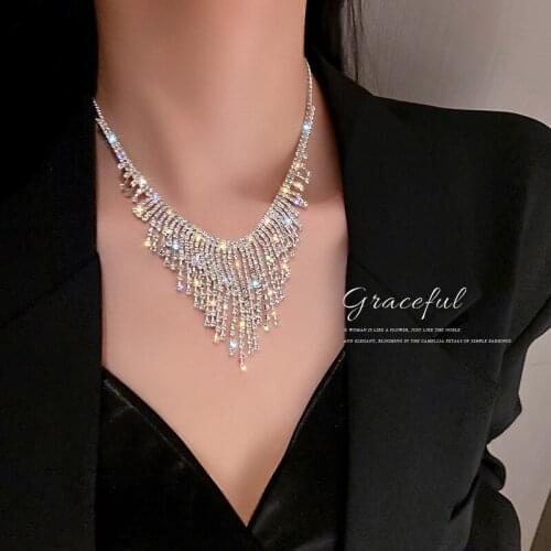 Luxury Fashion Geometric Crystal Choker Necklace for Women Rhinestone Tassel Necklace Party Jewelry Gifts 2021 New Trendy