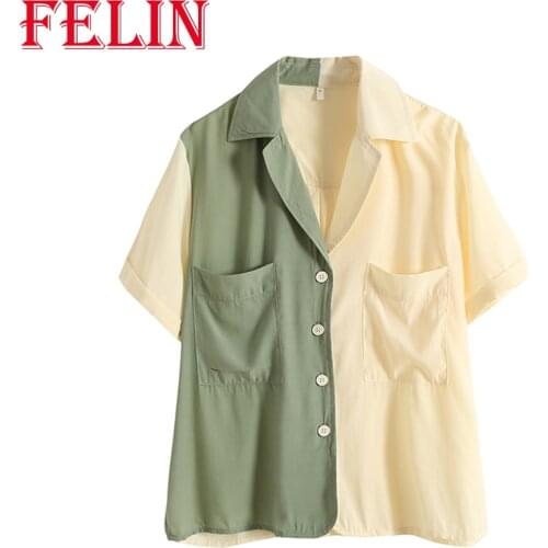 FELIN Za 2021 Cotton Women Loose Shirts Two-color Stitching Soft Summer Mujer Pathwork Tops Chic Lady T-Shirts Elegant Blouse