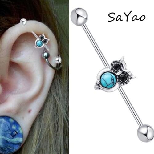SaYao 1 piece Love Cute Night Owl Stainless Steel 1.6*38*6mm Animal Industrial Barbell Piercing Helix Ear Piercing Jewelry