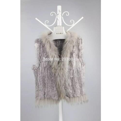 SF0163 Natural Brown Color Vest with Raccoon Fur Collar Real rabbit fur Hand Knitted Vests