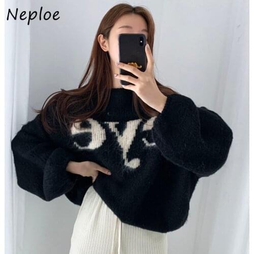 Neploe Loose O-neck Letter Printed Sweater Female Long Sleeve Mohair Knitting Pullovers Autumn 2021 Women Aesthetic Sweater