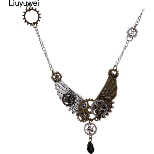 Liuyuwei Vintage Punk Angel Wings Gear Statement Necklaces Pendants Retro Chain Necklace Women Steampunk Jewelry YWKX7186