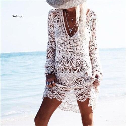 Crochet Summer Beach Dress Cover Up Sexy Hollow Out Mesh Knitted Tunic Swimsuit Coverup Womens Beach Sarong Robe De Plage