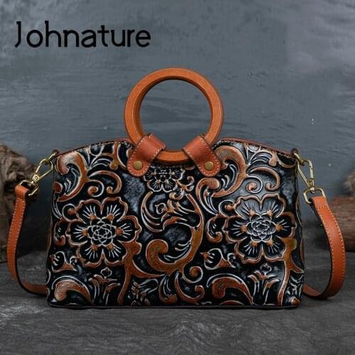 Johnature Luxury Women Handbag 2021 New Vintage Bag Handmade Embossed First Layer Cow Leather Leisure Shoulder Messenger Bags