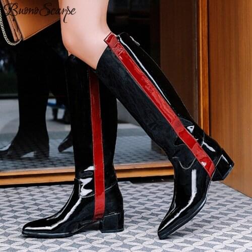 Buono Scarpe Patent Leather Women Long Boots Chunky Heel Brand Designed Shoes Mixed Color Pointy Boots Ladies Shoes Big Size 42