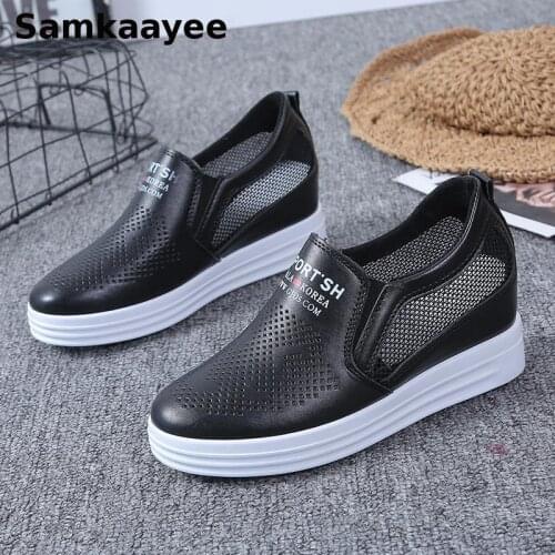 Size 34-40 Womens Sneakers Spring Autumn Female Zapatillas Vulcanize Leather Shoes Mujer Increased Slip-On Hollow Zapatos y29