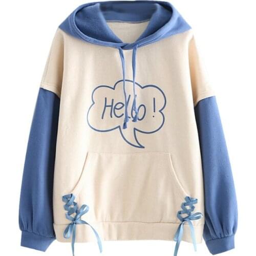 MERRY PRETTY Women Letter Print Color Patchwork Hooded Sweatshirts Winter Plus Velvet Long Sleeve Pocket Hoodies Sweet Pullover