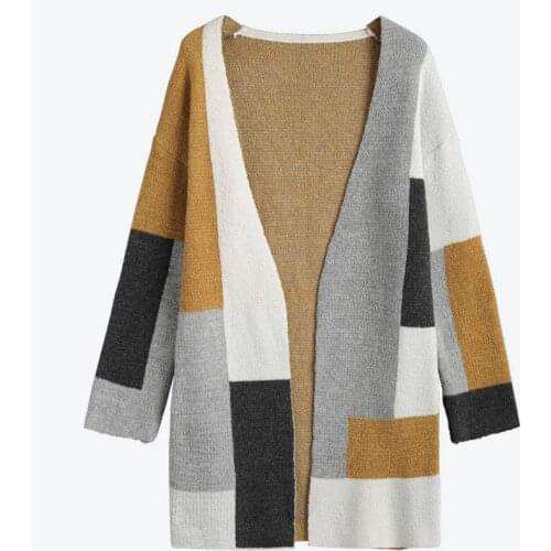 Patchwork Long Sleeve Women Knitted Sweaters Pockets Women Cardigan 2020 Autumn Winter Loose Outwear Casual Clothes Female Coats