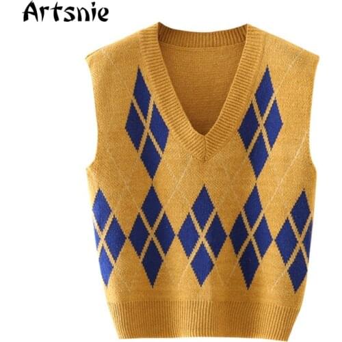 Artsnie Vintage Argyle Sweater Vest Women Autumn V Neck Sleeveless Pull Femme Streetwear Knitted Ladies Sweaters Vest Jumper