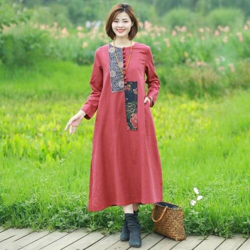 Women Cotton Linen Embroidered Patchwork Dress Ladies Vintage 2020 Spring Autumn Loose Dresses Female Spliced Dress