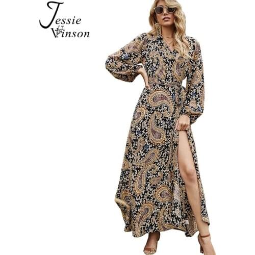 Jessie Vinson Boho Print Long Maxi Dress Women Bohemian Long Sleeve V-neck Sexy Wrap Dress Spring Beach Dress 2021 Pool Party